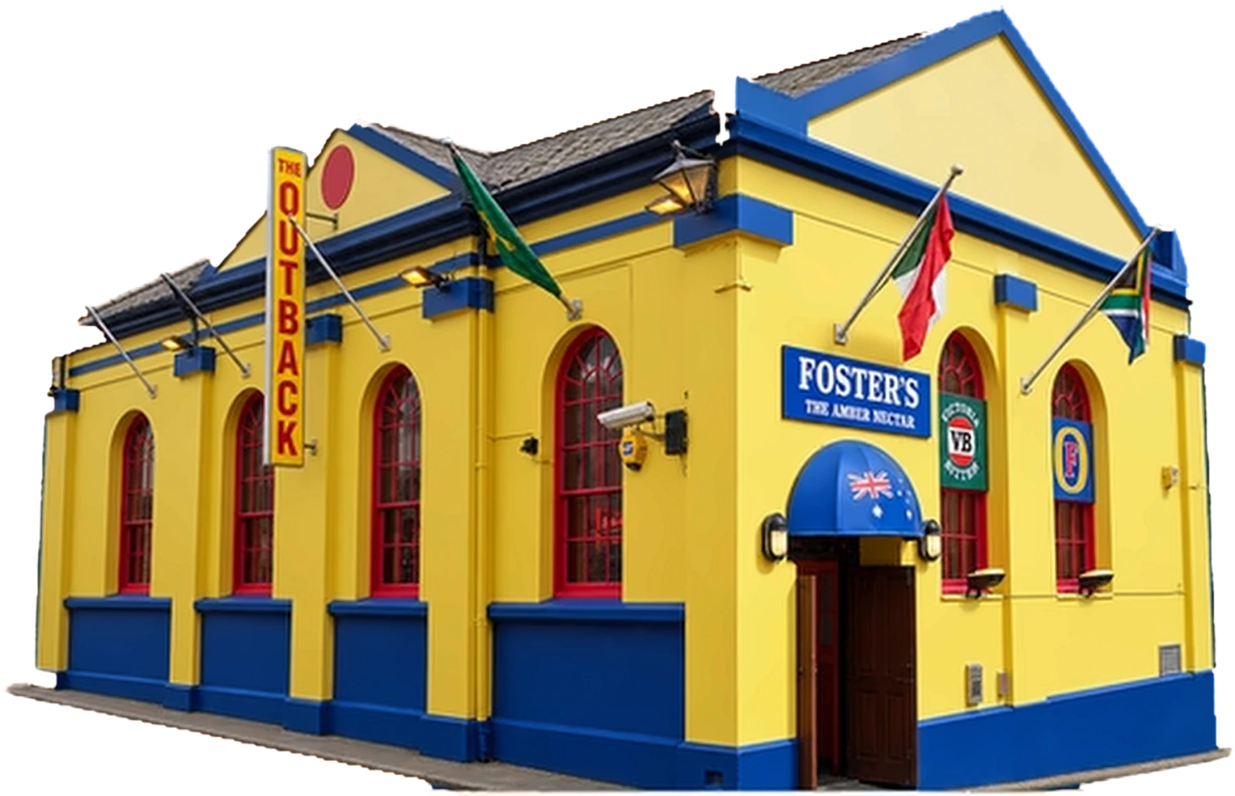 The Outback building, Barrack Street, Douglas — yellow with blue trim and flags