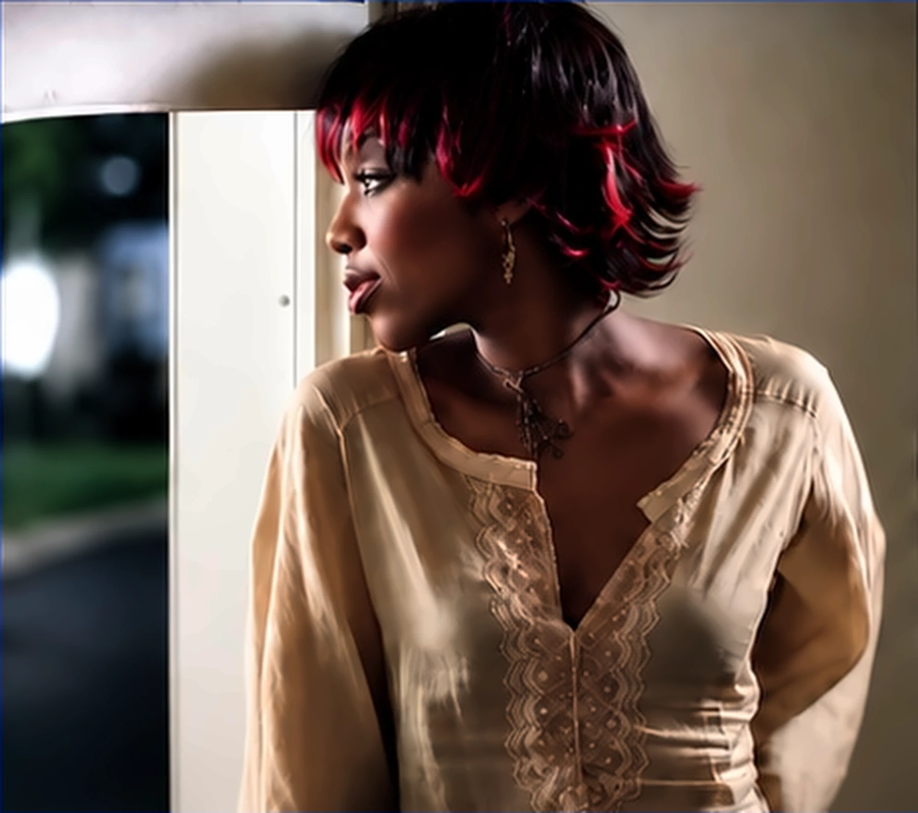 Portrait with red-tinted Y2K hair, looking out of a window