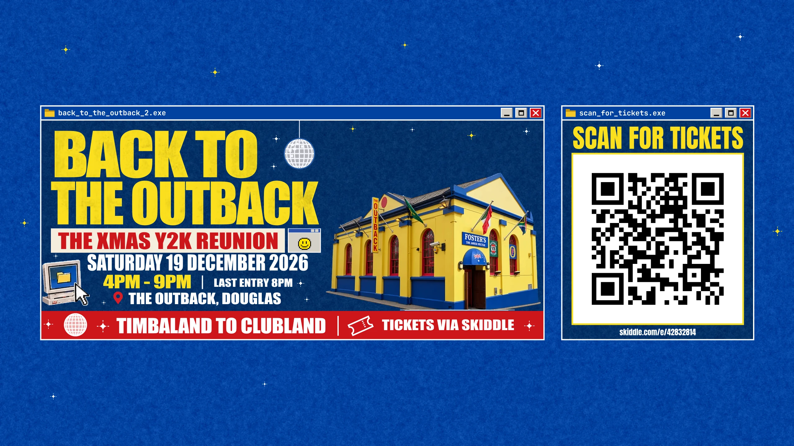 Event poster: Back to the Outback, The Xmas Y2K Reunion, Saturday 19 December 2026, 4PM–9PM, last entry 8PM, The Outback Douglas. Timbaland to Clubland. Tickets via Skiddle.